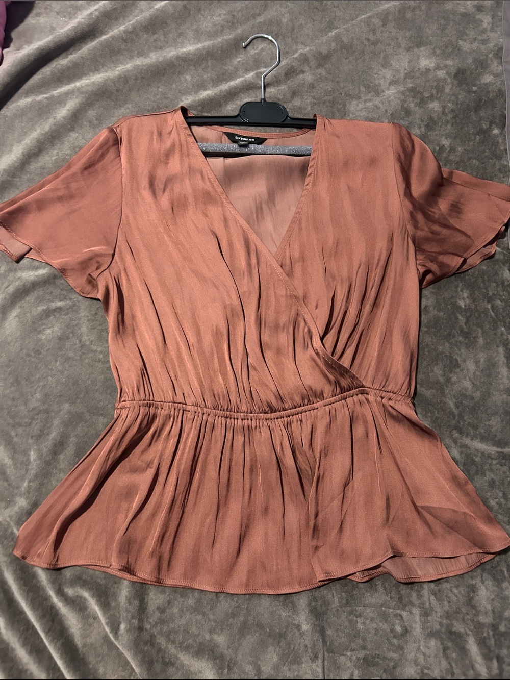 Express Rust-Tone Satin Wrap Peplum Blouse
